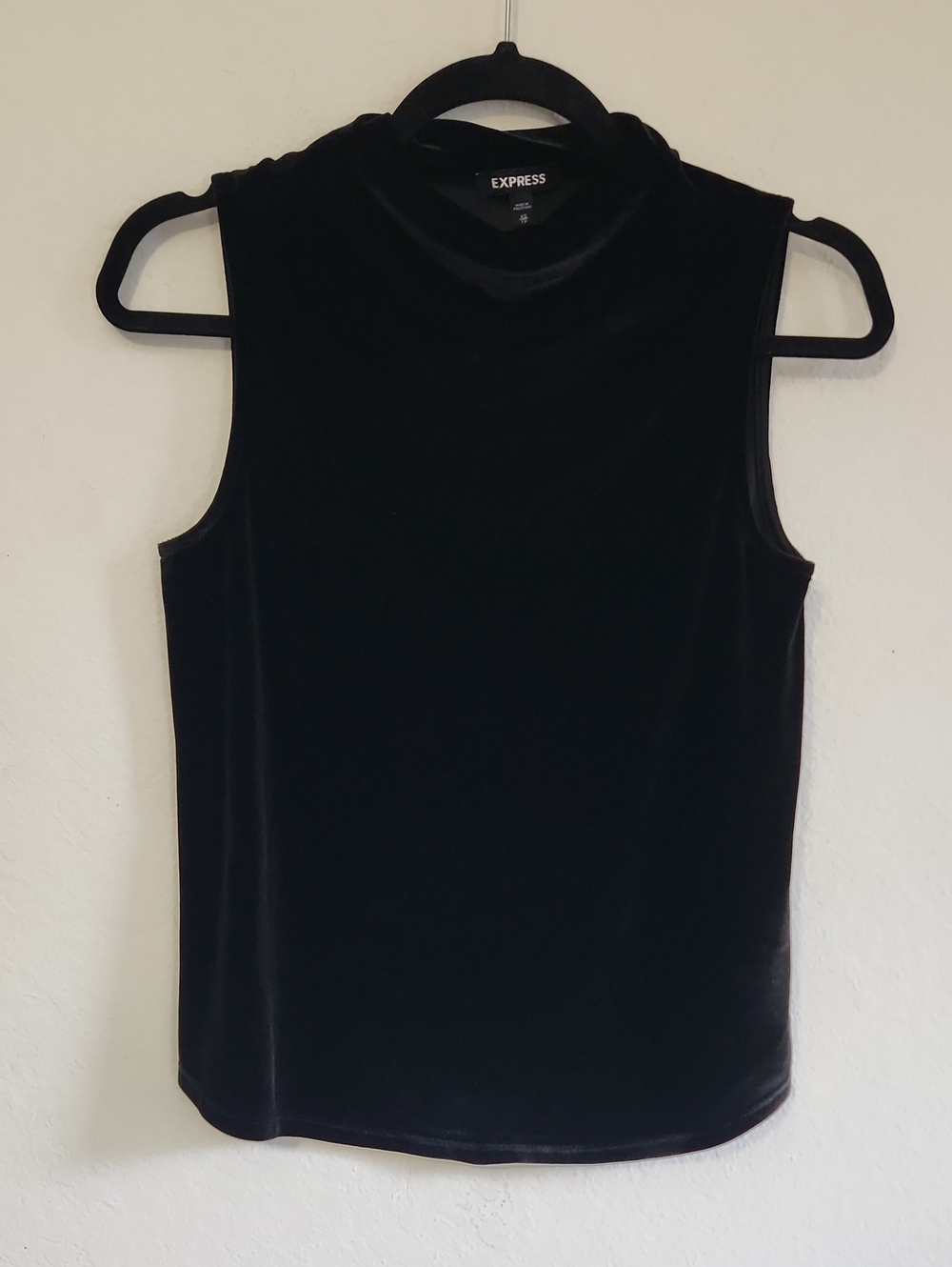 90s Express Black Velvet Sleeveless Mock Neck Top XS Goth Minimalist Cocktail